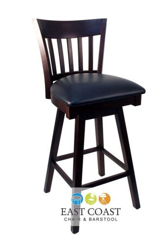 New Gladiator Walnut Vertical Back Wooden Swivel Bar Stool with Black Vinyl Seat