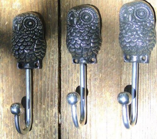 Retro OWL HOOKS set of 3pcs for kitchen bath bathroom clothes FUN hardware