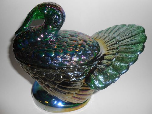 Hunter Green carnival glass turkey hen chicken on nest basket dish thanksgiving