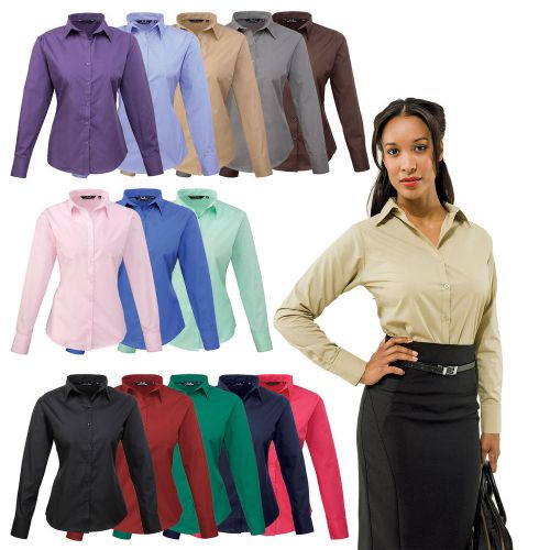 Premier ladies womens long sleeve poplin shirt blouse top business work pr300 for sale