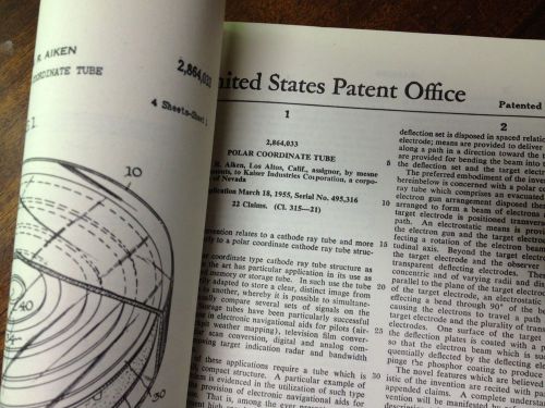 VINTAGE US UNITED STATES PATENT OFFICE POLAR COORDINATE TUBE DEC 1958