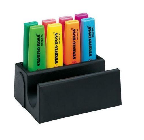 Desk Set of 8 Stabilo Boss Original Highlighter Pens - Holder Stand {REDUCED}