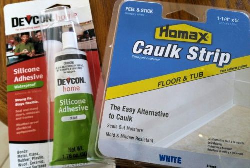 Lot of 2! Devcon Home 12045 Silicone Adhesive &amp; Homax 5&#039; x 1-1/4&#034; Caulk Strip