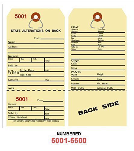 Alteration tags 6-1/4 x 3-1/8 2-sided manila with button slot numbered5001-5500 for sale