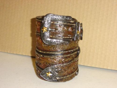 Desk organizer pencil/pens holder 4.5&#034; tall  leather belt look decorative neat for sale