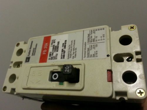 Cutler-Hammer Industrial Circuit Breaker FD 35K 20 AMPS 2 POLES 600 VAC 250 VDC