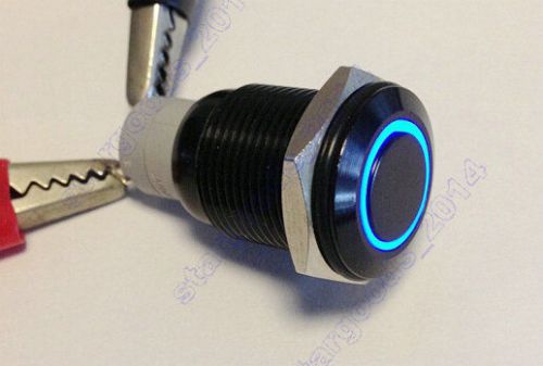 Waterproof 16mm 12V Blue LED Push Button Switch Black Aluminum Metal Latching