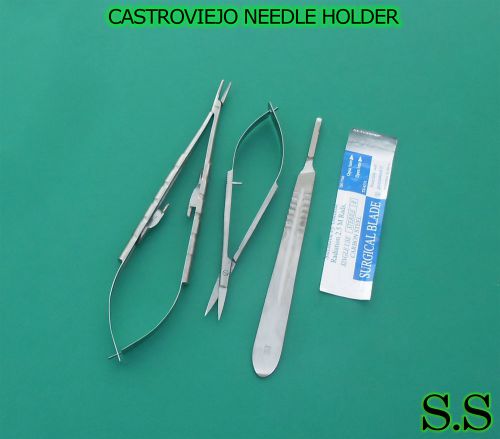 CASTROVIEJO NEEDLE HOLDER 5.5&#034;+SCISSORS 4.5&#034; CVD+SCALPEL HANDLE #3+5 BLADES #15