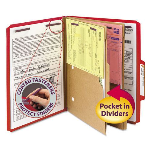 Pressboard Folders, Two Pocket Dividers, Letter, Six-Section, Bright Red, 10/Box