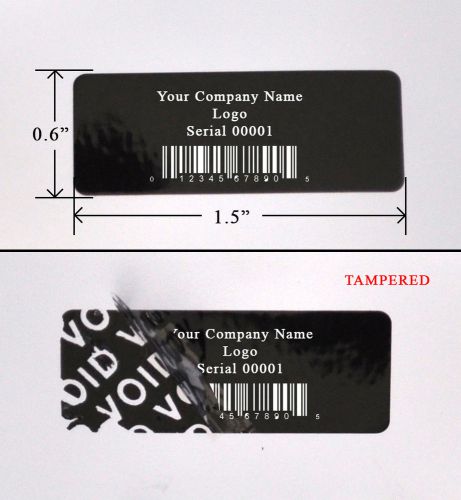 10,000 TAMPER EVIDENT SECURITY LABEL SEAL STICKER BLACK CUSTOM PRINT 1.5&#034; X 0.6&#034;