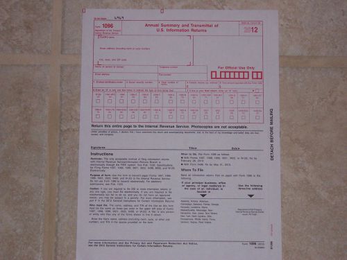 2012 IRS Tax Form 1096 Annual Summary and Transmittal (for 1099 submission)