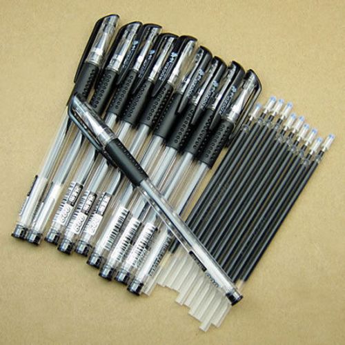 10 PCS BLACK GEL INK ROLLER PENS WITH 10 PCS REFILLS 0.5MM