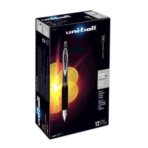 uni-ball Retractable Gel Pens, Micro Point, Black, Box of 12 (61255), NEW