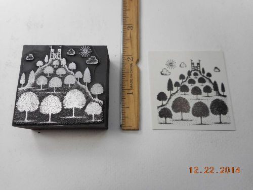 Letterpress Printing Printers Block, Fairytale Castle on Tree covered Mountain