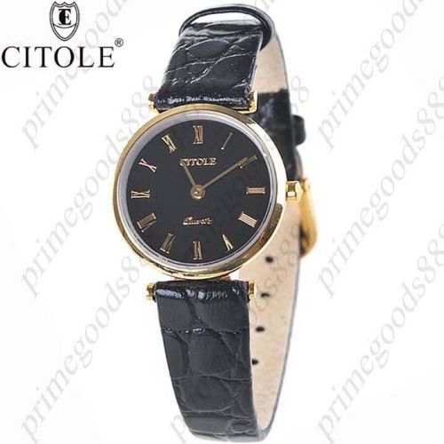 Alloy quartz wrist leather strap free shipping black gold golden women&#039;s for sale