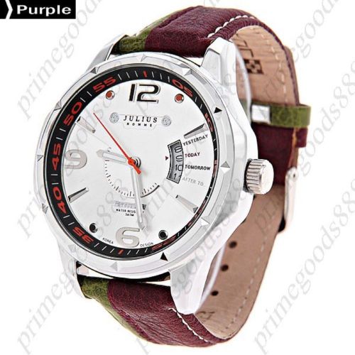 Calendar Genuine Leather Band Men&#039;s Wrist Quartz Wristwatch Free Shipping Purple