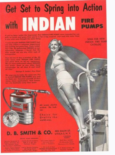 1955 indian fire pump lasher fighting sexy swimsuit pinup forest service ad for sale