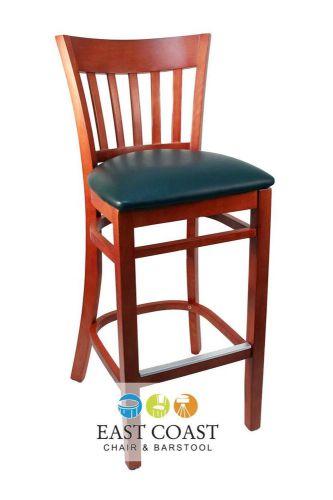 New gladiator cherry vertical back wooden bar stool with green vinyl seat for sale