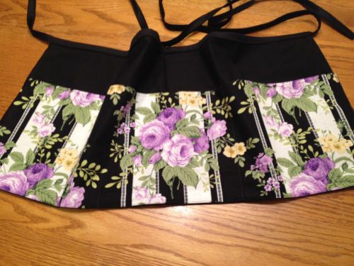 Black Server Waitress Waist Apron Reversible Floral/Utensils Handmade 1 Sz