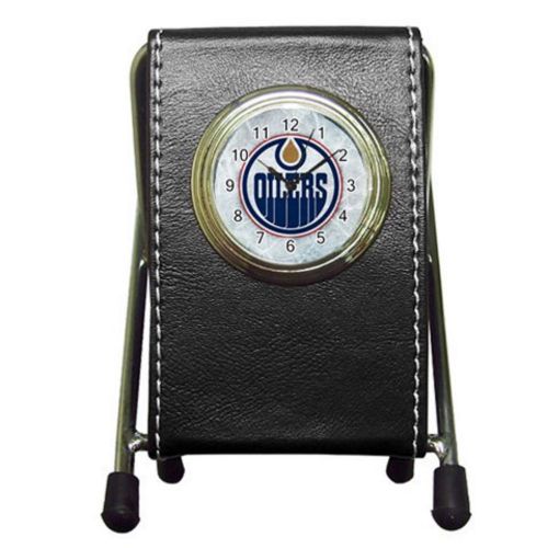 Custom Edmonton Oilers Leather Pen Holder Desk Clock (2 in 1) Free Shipping