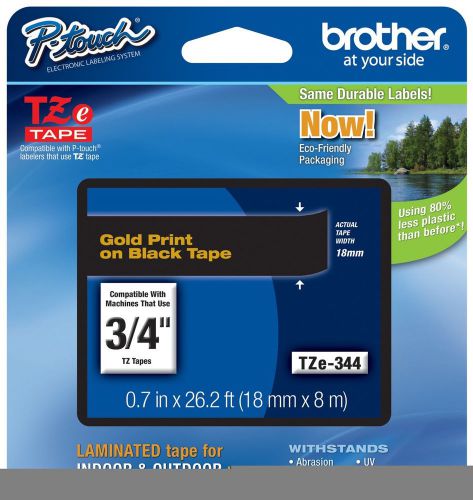 Brother p-touch 3/4&#034; width gold print on black tape (tze-344) for sale