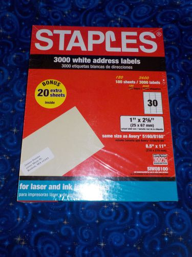 Staples Laser/Inkjet 3600 Address Labels like Avery 5160 / 8160 1&#034; x 2 5/8&#034;