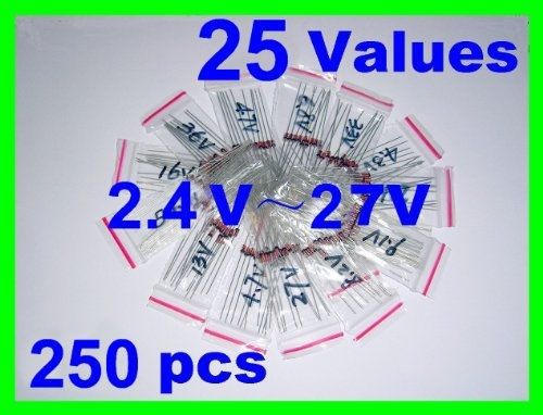 SUNKEE Sunkee 250 pcs 25 Values 2.4V-27V 0.5W 1/2W ST Zener Diode Assortment Kit