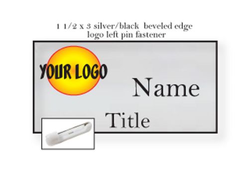 1 SILVER NAME BADGE COLOR LOGO ON LEFT 2 LINES OF IMPRINT PIN FASTENER