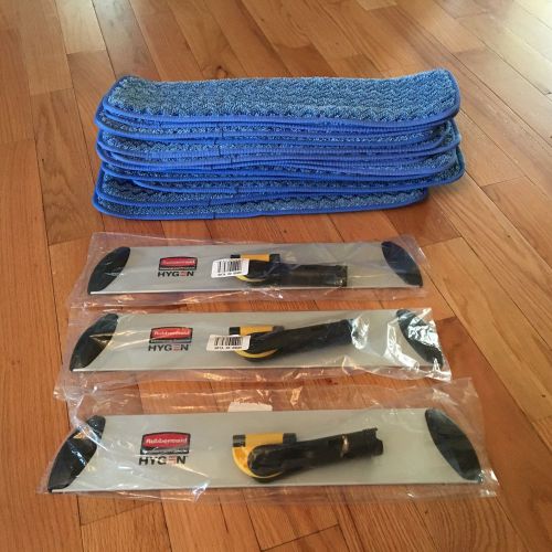 3 Rubbermaid Q560 18&#034; Frames + 12 Q410 HYGEN Microfiber Damp Mop Pads