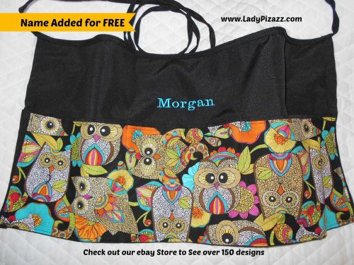 Black Server 3 Pocket Waitress Waist Apron Crazy Owl II Name FREE Lady Pizazz