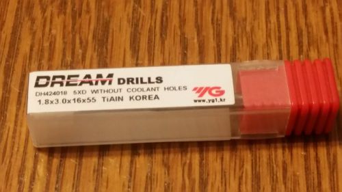 NEW YG1-DH424018 1.8 mm Carbide Dream Drill (5XD) Metric, 1.8x3.0x16x55