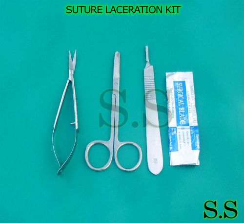 3 PCS SUTURE LACERATION KIT+CASTROVIEJO SCISSORS 4.5&#034;+SCALPEL HANDLE#3+BLADE #11