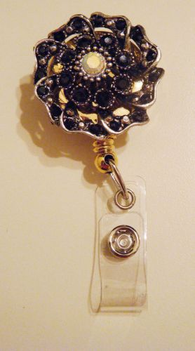 Black Bling Rose Retractable Reel Coil ID Badge Name Tag Key Card Holder/Belt