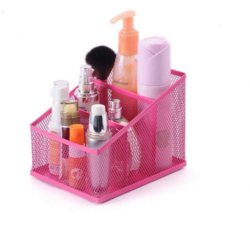 Rose Red Metal Mesh Desk Organizer Desktop 3 Compartments Cosmetic Organizer