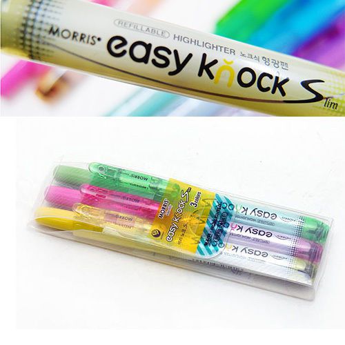 MORRIS EASY KNOCK-S Retractable Highlighter WORLDWIDE PATENTED - 3 COLORS
