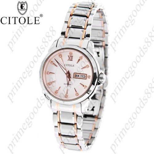 Round Stainless Steel Quartz Wrist Dual Date Free Shipping Gold Golden Women&#039;s