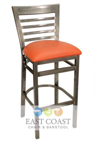 New Gladiator Clear Coat Full Ladder Back Metal Bar Stool with Orange Vinyl Seat