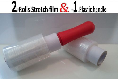 2 clear rolls mini stretch film 10cmx1000 &amp; 1 plastic handle warp shrink roll&lt;&lt; for sale