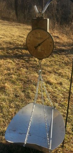 USA antique hanging produce scale with basket scoop, primitive