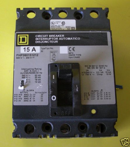 15 amp square d circuit breaker model fhp360151212 for sale