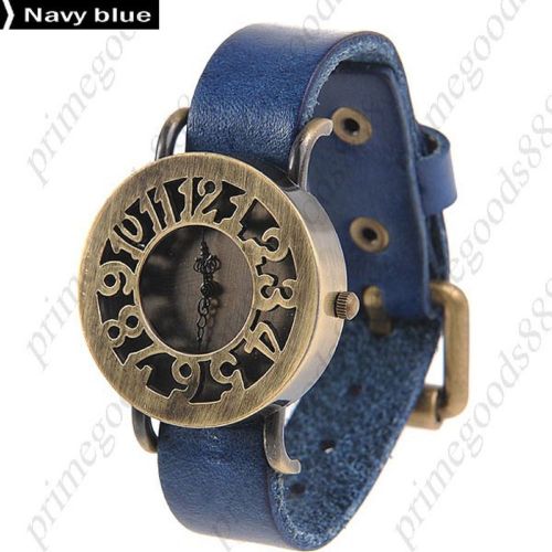 Hollow out retro style round pu leather quartz wrist wristwatch women&#039;s blue for sale