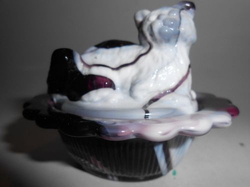 Amethyst purple &amp; milk slag glass salt celt cat kitten kitty on nest basket dish