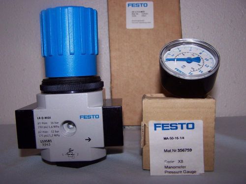 FESTO LR-1/2-D-MIDI REGULATOR W/MA-50-16-1/4 PRESSURE GUAGE NEW IN BOX