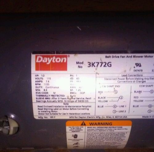 Dayton blower motor mdl 3k772g hp 1/2 volts 115 amps 7.6 rpm 1725 duty continous for sale