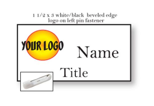 1 white black name badge color logo left side 2 lines of imprint pin fastener for sale