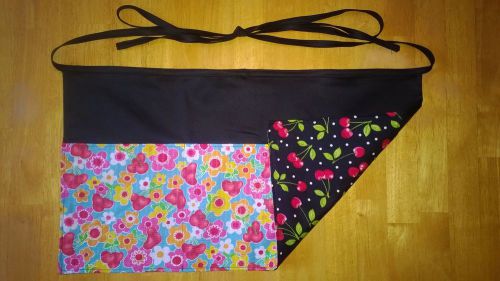 2 in 1 Reversible Cherries / Flower waitress half apron, server waist 3 pocket