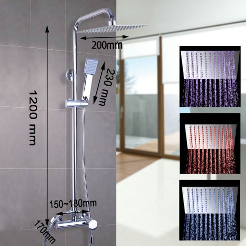 LED Color Changing 8&#034; Chrome Brass Shower Faucet Set W/ Hand Shower Sprayer