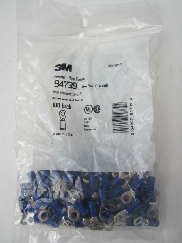 New 100 pack 3m 94739 blue vinyl ring terminals 16-14 awg #8 stud for sale