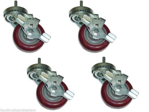 Set of 4 Swivel Stem Casters 3&#034; Maroon Poly Wheel &amp; 3/8&#034; Threaded Stem &amp; Brakes