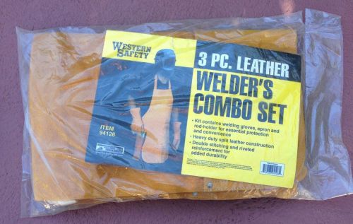 Western safety leather welder&#039;s apron &amp; leather glove, new in package for sale